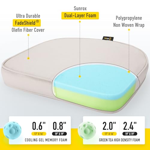 SUNROX Gel Memory Foam Chair Cushions, FadeShield Water-, Stain-Resistant Durable Reversible Seat Cushion Pads with Ties for Indoor/Outdoor Kitchen Dining Office 17"x16" Set of 2, Cream - color: Cream, size: 17x16 Inch (Pack of 2)