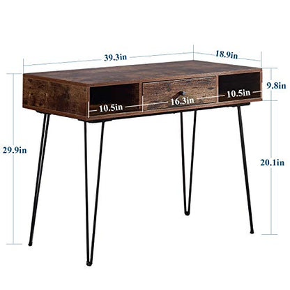 VECELO 39.3" Home Office Work Table with Drawers,Computer Desk with Hairpin Leg for Writing/Study,Retro Brown - color: Retro Brown