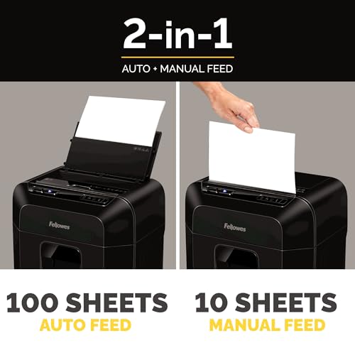 Fellowes AutoMax 100MA 100-Sheet Micro-Cut Autofeed 2-in-1 Paper Shredder for Office/Small Office & Powershred Performance Shredder Oil, 16 oz. Extended Nozzle Bottle (3525010)