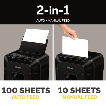 Fellowes AutoMax 100MA 100-Sheet Micro-Cut Autofeed 2-in-1 Paper Shredder for Office/Small Office & Powershred Performance Shredder Oil, 16 oz. Extended Nozzle Bottle (3525010)