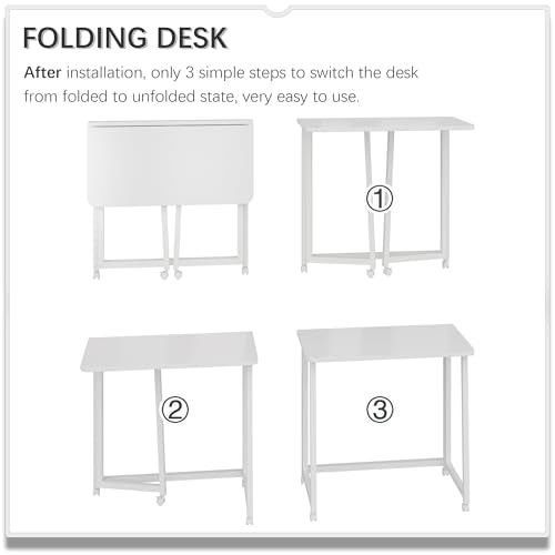 4NM 23.6" Mobile Small Folding Desk, Foldable Rolling Computer Home Office Desk, Study Writing Table for Small Space Saving Bedroom, with Wheels - All White - color: All White, size: 23.6"W x 15.7"D