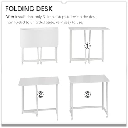 4NM 23.6" Mobile Small Folding Desk, Foldable Rolling Computer Home Office Desk, Study Writing Table for Small Space Saving Bedroom, with Wheels - All White - color: All White, size: 23.6"W x 15.7"D