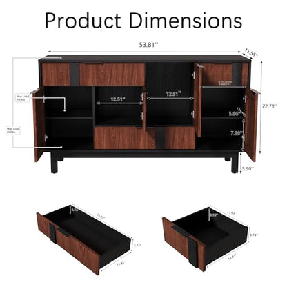 Modern Sideboard Cabinet with 3D Geometric Doors, 54 inch TV Cabinet with 4 Door and 3 Drawers, Buffet Storage Credenza for Living Room, Kitchen (Walnut)