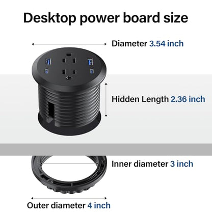 Desktop Power Grommet,GaN 65W USB C Fast Charging Station,2 AC Outlets,4 USB Ports in to the Top of Your Desk,Flush Mount Power Grommet 3-inch Hole,Countertop Recessed Outlet - color: Black, size: 1 Pack