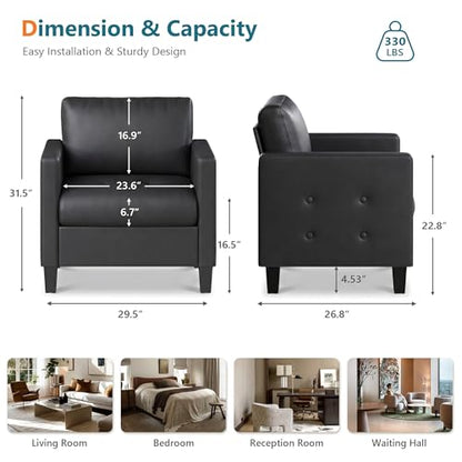 Black Accent Chairs Set of 2, Faux Leather Living Room Chair | STHOUYN, Mid-Century Modern, Tufted Armrest and Seat, Cozy, Office, Reading, Waiting Room, Bedroom - color: Black, size: 2