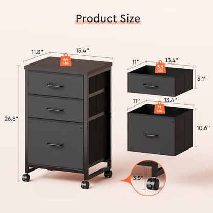 Maihail 3 Drawer File Cabinet with Wheels with Open Storage Shelf, Black | Rolling Printer Stand Fabric Lateral Filing Cabinet for Home Office - color: Black