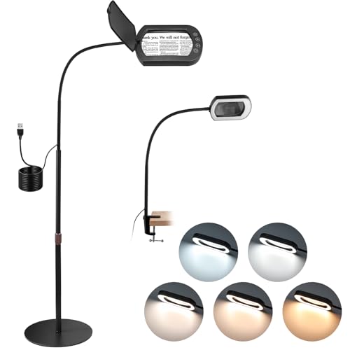 COLFULINE 10X Magnifying Glass Floor Lamp 5 Color Mode & Stepless Dimming | 10X HD Square Glass Lens,Dust Cover & Clamp Design,Adjustable Telescopic Pole & Stable Heavy Base,40cm Flexible Gooseneck
