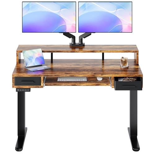 HUANUO 48″ x 26″ Electric Standing Desk with 2 Drawers &24.4″ Large Keyboard Tray, C-Clamp Mount Compatible, Adjustable Computer Desk for Office, Sit Stand Up Desk with 4 Height Presets, Vintage Brown - color: Vintage Brown, size: 48*26 inch