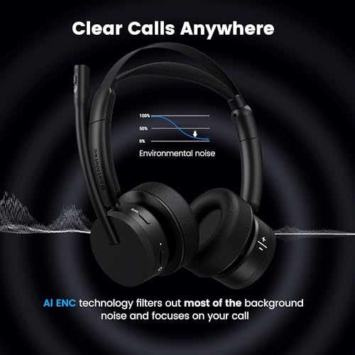 Wireless Headset with Mic for Work, Bluetooth Headset with Microphone for PC, Noise Cancelling Headphones with Mic Mute Button & USB for Call Center/Office/Home/Computer/Laptop/Cell Phones/Teams/Zoom