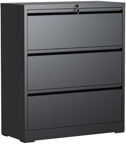 3 Drawer Lateral File Cabinet with Lock, File Cabinet for Home Office,Black | Heavy-Duty Steel Locking File Cabinet, Hanging Letter/Legal/A4 Size, Full-Extension Silent Drawer, Un-Assembly - color: Black, size: 3 Drawers