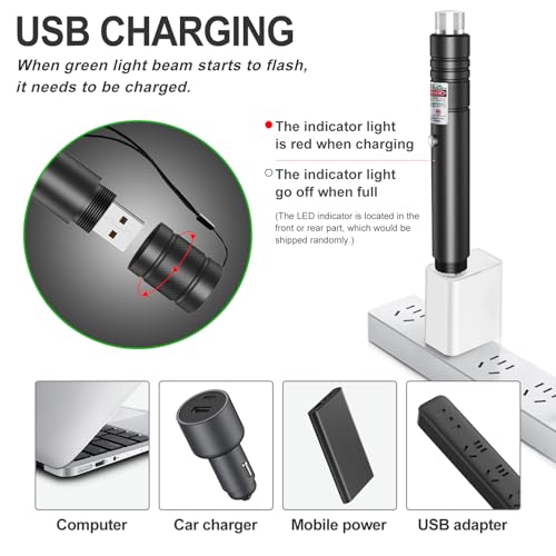 Green Laser Pointer, USB-A Rechargeable with Adjustable Star Cap | Single-dot mode, no charging cable required, wrist strap, for TV/LED/LCD screens, presentations, astronomy and outdoor use