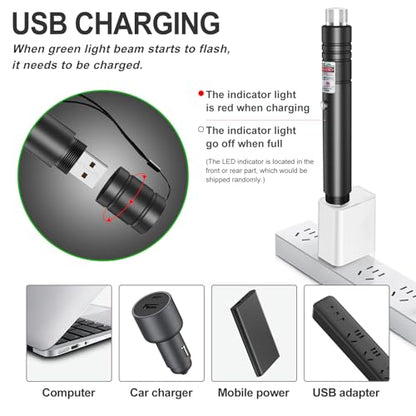 Green Laser Pointer, USB-A Rechargeable with Adjustable Star Cap | Single-dot mode, no charging cable required, wrist strap, for TV/LED/LCD screens, presentations, astronomy and outdoor use