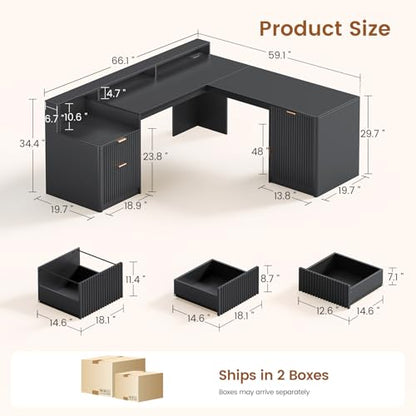 SEDETA 66" Modern L Shaped Desk with Drawers, Fluted Home Office Desk with File Cabinet & Printer Shelf, Wood Executive Desk with Monitor Stand, Power Outlets, Led Lights, Black - color: Black, size: L Shaped Desk