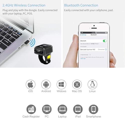Portable Ring Bluetooth Barcode Scanner Wireless 2.4Ghz &USB Wired 3 in 1 Connection Windows.Mac OS.Android.Portable Wearable Mini Finger Bar Code scanners - color: SL