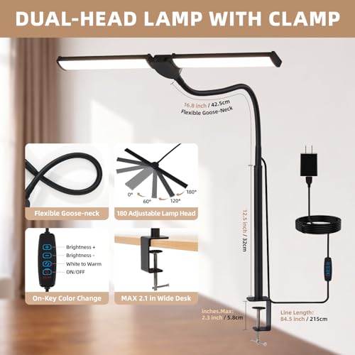 Voncerus LED Desk Lamp for Home Office, Double Head Desk Light with Clamp - color: Black Pro