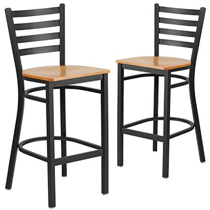 Flash Furniture 2 Pack HERCULES Series Black Ladder Back Metal Restaurant Barstool - Natural Wood Seat - color: Natural Wood Seat/Black Metal Frame, size: Set of 2