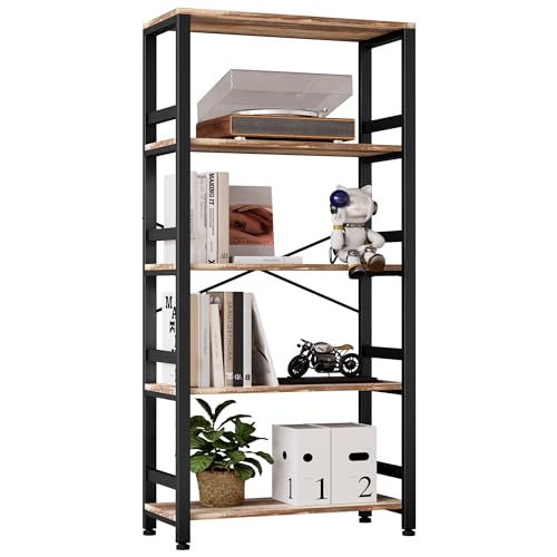 IRONCK Bookshelf, 31.5" 5-Tier Ladder Vintage Bookcase, 110lb Shelf | 5-tier bookshelf, 110 lb per shelf. P2 MDF, Anti-tip. Industrial Bookshelves for Living Room Home Office, Rustics Brown - color: Industrial Brown