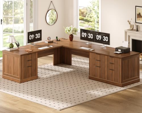 SEDETA Fluted 78.8" L Shaped Desk with 6 Drawers, Fluted Brown - color: Fluted Brown, size: 78.8" L Shaped Desk