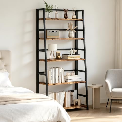 JSB 5 Tier Bookshelf, No Assembly Folding Ladder Bookshelf, 51.6in Tall Foldable Ladder Shelf, Bookcase for Home Office, Living Room,Space-Saving (Rustic & Brown, 5 Tier) - color: Rustic & Brown