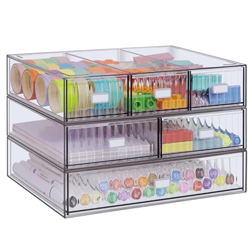 3 Tier Stackable Desk Organizer with 6 Drawers, YOCOMEY Plastic Desktop Storage Box Drawers, Detachable Makeup Storage Office Stationery Supplies Organizer for Office School(Clear) - color: Clear