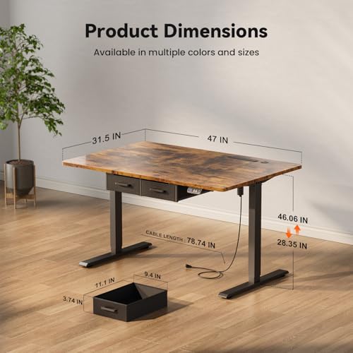 HLDIRECT 47" Electric Standing Desk with Outlets & 2 Drawers, Rustic Brown - color: Rustic Brown, size: 47 inch