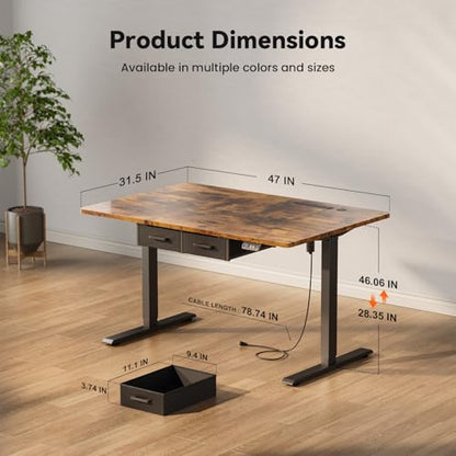 HLDIRECT 47" Electric Standing Desk with Outlets & 2 Drawers, Rustic Brown - color: Rustic Brown, size: 47 inch