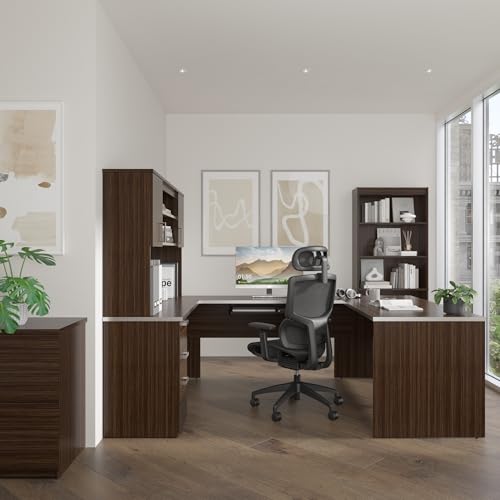 Bestar, Ridgeley Collection, 3-Piece Set Including a U-Shaped Desk with Hutch, a Lateral File Cabinet, and a Bookcase