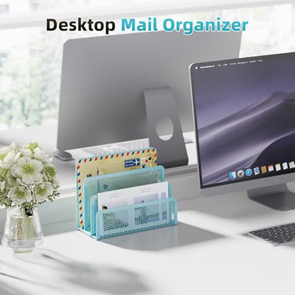 Marbrasse Mail Organizer for Desk, 3-Slot Mesh Metal Mail Holder countertop, Letter Holder, Office Desktop Envelope and Document Storage Rack (Blue) - color: Blue
