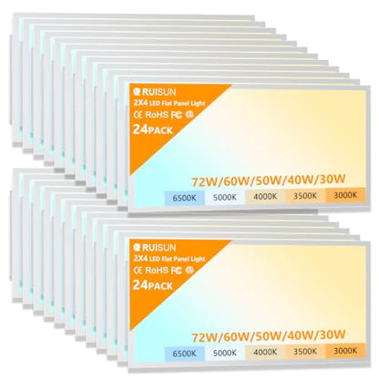 24 Pack 2x4 LED Flat Panel Lights with 5CCT Selectable, 9576LM, ETL | 72W/60W/50W/40W/30W,6500K/5000K/4000K/3500K/3000K,0-10V Dimmable, LED Drop Ceiling Fixtures for Office Meeting Classroom - size: 2x4FT 24PACK