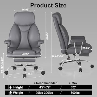 Big and Tall Office Chair, Executive Home Office Desk Chair, Comfy Leather High-Back Reclining Computer Chair with Retractable Footrest and Padded Arms, 360°Swivel Rolling Wheels, Wide Seat, Gray - color: Grey