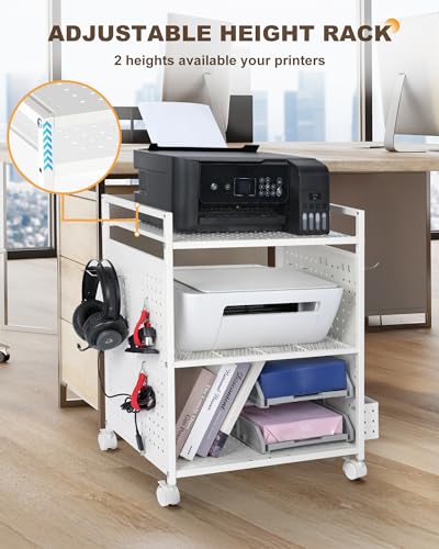 Mythinglogic 3-Tier Rolling Printer Stand with Pegboard and File Holder | Metal cart with adjustable shelves and locking wheels for printers, scanners, paper, craft tools and classroom supplies - color: White