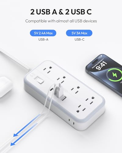 Flat Extension Cord 25 FT, NTONPOWER Long Power Strip, 10 Outlets 4 USB Ports (2 USB C), 3 Side 3 Prong & 2 Prong, Overload Protection, Flat Plug Wall Mount, White, SurgePro (Pack of 2) - size: 25 FT (Pack of 2)