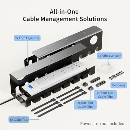Delamu 2 Pack Metal Under Desk Cable Management Tray, U Channel Cord Organizer Box, Office Under Desk Cord Organizers, Cable Management with Various Accessories, Black, 15.75 Inches