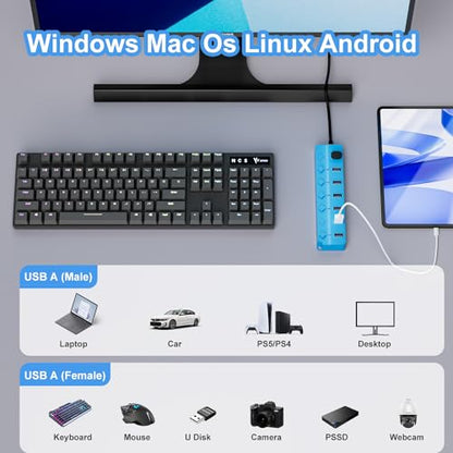 USB Hub 7 Port, USB Splitter with Individual On/Off Switches and Lights - color: Blue