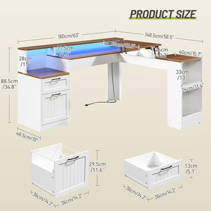 Farmhouse 63" L Shaped Standing Desk, Corner Computer Desk with Drawers, Office Desk with File Drawers with RGB Lighting & Charging Station, Monitor Stand and Storage Shelves, White and Walnut