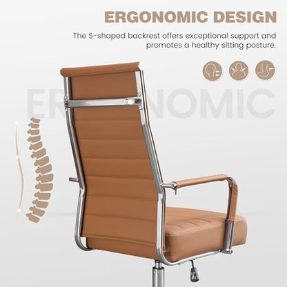 JOMEED Office Desk Chair,Conference Room Chair,High Back PU Leather Swivel | Modern Executive Ribbed Design, Ergonomic, Height Adjustable, Wheels and Arms, for Home Office(Brown-Silver Frame) - color: Brown-sliver Frame