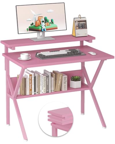 COTUBLR Small Desk, 27.5 Inch Small Computer Desk for Spaces, Computer Desks with Adjustable Monitor Stand, Compact Desks with Storage, Tiny Study Table for Bedroom Home Office, Pink - color: Candy Pink