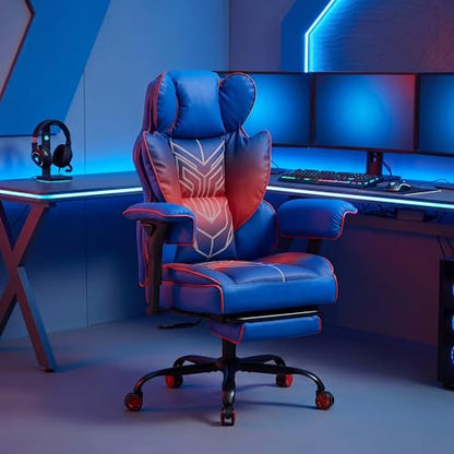 Big and Tall Gaming Office Chair 400lbs - Heavy Duty Ergonomic Computer Desk Chair with Footrest, Adjustable Armrests, High Back PU Leather with Racing Style (Blue/Red) - color: Blue/Red