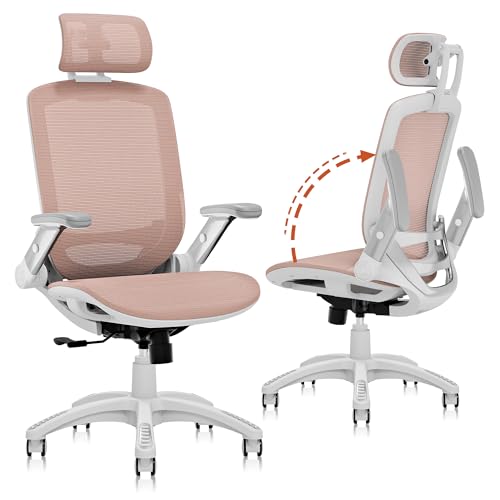 GABRYLLY Ergonomic Office Chair, High Back Home Desk Chair with 2D Flip-Up Arms, 3D Headrest, 90-120° Tilt and Wide Cushion, Big and Tall Mesh Chairs for Man Woman, White Computer Task Chair Pink - color: White Frame Pink Mesh