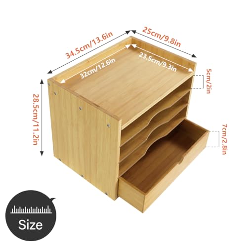 KKTONER 5-Tier Bamboo Desk Organizer with Drawer Tabletop File Organizer Document Holder with Shelf Desktop Cabinet for Home Office School Supplies (Natural)