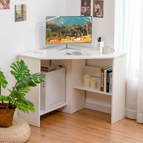 Tangkula Compact Corner Desk, Space Saving Study Table, White - color: White, size: 33.5"D x 33.5"W x 29"H