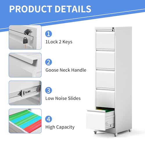 5 Drawer File Cabinet with Wheels, Metal Mobile File Cabinet with Lock, Rolling Filing Cabinet Home Office for Hanging File Folders, Letter Size, Legal Size, A4 Size, Require-Assembled, White - color: White, size: 64.10"H-5 Drawer