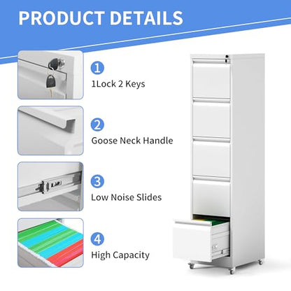5 Drawer File Cabinet with Wheels, Metal Mobile File Cabinet with Lock, Rolling Filing Cabinet Home Office for Hanging File Folders, Letter Size, Legal Size, A4 Size, Require-Assembled, White - color: White, size: 64.10"H-5 Drawer