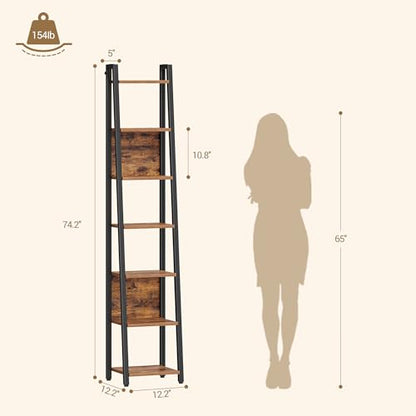 Hzuaneri Ladder Shelf, 7 Tier Narrow Bookshelf with 2 Back Panels | Corner Storage shelf with 2 Hooks, for Home Office, Living Room and Bedroom,12.2"D x 12.2"W x74.2''H,Rustic Brown BC31701B - size: 12.2"D x 12.2"W x 74.2"H