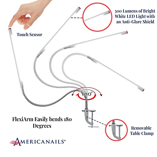 Americanails FlexiLamp Touch - LED Table Desk Lamp - Removable Clamp - Adjustable Lighting for Nail Stations - Manicure Table Light - Flexible Arm – 3 Brightness Levels - Touch Sensor - 300 Lumens - size: Standard