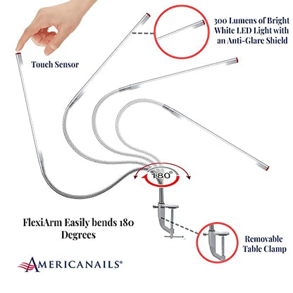 Americanails FlexiLamp Touch - LED Table Desk Lamp - Removable Clamp - Adjustable Lighting for Nail Stations - Manicure Table Light - Flexible Arm – 3 Brightness Levels - Touch Sensor - 300 Lumens - size: Standard