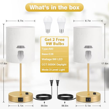 17.6" Gold Touch Lamps for Bedroom Set of 2 - Dimmable, USB C+A, AC Outlet | Large 17.6" Tall Lamp, 3-Way Dimming, 5000K Daylight Bulbs, Cream Lampshade Gold Base, for Living Room, Boys, Men, Girls - color: Gold