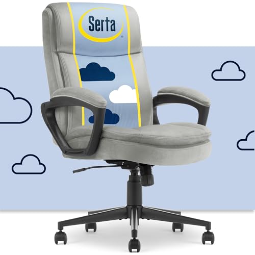 Serta Executive Office Chair with Lumbar Support, Fixed Arms Leather Chair - color: Gray Velvet Fabric