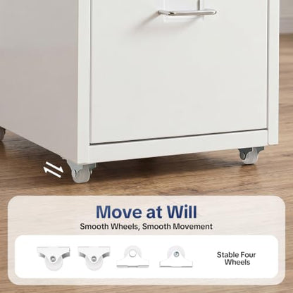 3-Drawer Metal Vertical File Cabinet, Narrow Mobile File Cabinet with Lock and 2 Keys, Under Desk Storage Drawer for Study Home-11 * 16 * 18.3in (White) - color: White