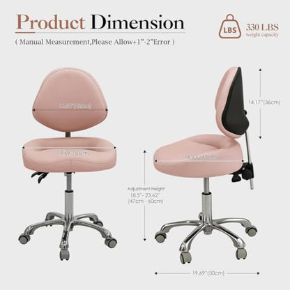 Saddle Stool Rolling Chair for Medical Massage Salon Spa Drafting,Adjustable Hydraulic Stool with Wheels (Pink with Backrest) - color: Pink With Backrest